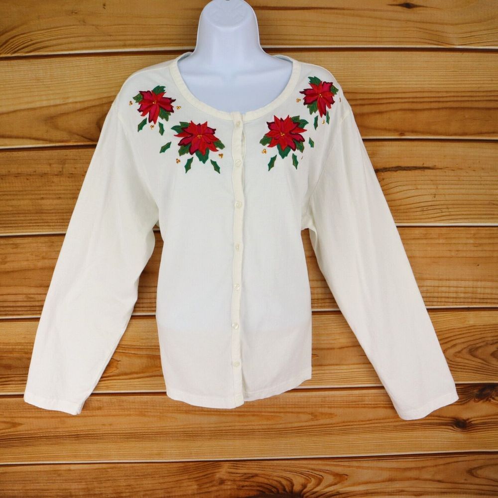 Collections Etc. Button Up‎ Top Womens XXL White 100% Cotton Embroidered Flowers